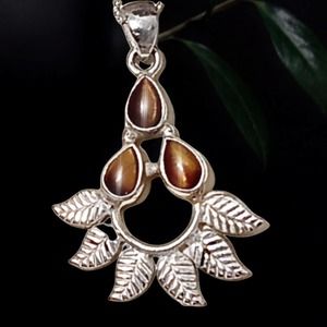 Tiger Eye Tigers 925 Sterling Silver Pendant Leaves Handmade Necklace Jewelry